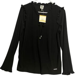 NWT Anne Klein Dressy Black Ruffled Ribbon Blouse